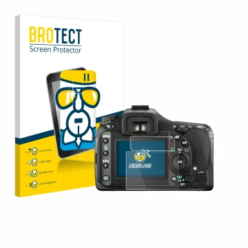 Face avant d’un emballage produit avec le logo de la marque BROTECT. À côté, l’appareil Pentax K20D est représenté avec la pro