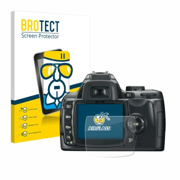 Face avant d’un emballage produit avec le logo de la marque BROTECT. À côté, l’appareil Nikon D60 est représenté avec la prote