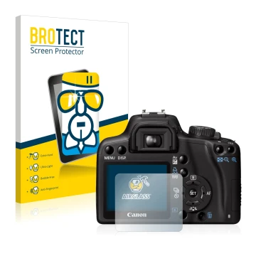Face avant d’un emballage produit avec le logo de la marque BROTECT. À côté, l’appareil Canon EOS 1000D est représenté avec la
