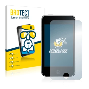 Face avant d’un emballage produit avec le logo de la marque BROTECT. À côté, l’appareil Apple iPod Touch (2e Gen.) est représe