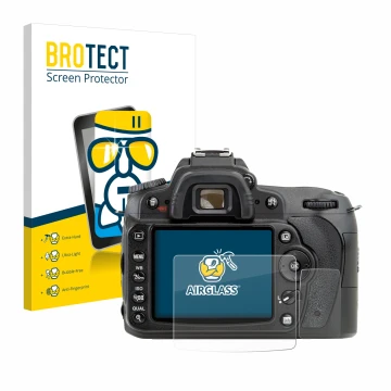 Face avant d’un emballage produit avec le logo de la marque BROTECT. À côté, l’appareil Nikon D90 est représenté avec la prote