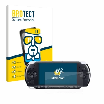 Face avant d’un emballage produit avec le logo de la marque BROTECT. À côté, l’appareil Sony PSP 3000 est représenté avec la p