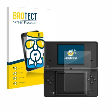 Face avant d’un emballage produit avec le logo de la marque BROTECT. À côté, l’appareil Nintendo DSi est représenté avec la pr