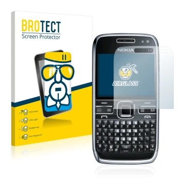 Face avant d’un emballage produit avec le logo de la marque BROTECT. À côté, l’appareil Nokia E72 est représenté avec la prote