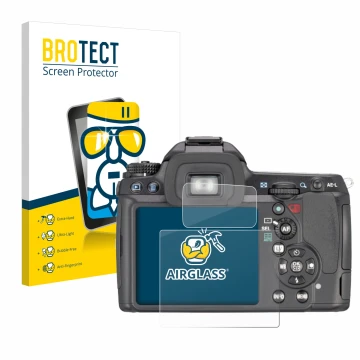 Face avant d’un emballage produit avec le logo de la marque BROTECT. À côté, l’appareil Pentax K7, K-7 est représenté avec la 