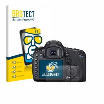 Face avant d’un emballage produit avec le logo de la marque BROTECT. À côté, l’appareil Canon EOS 7D est représenté avec la pr
