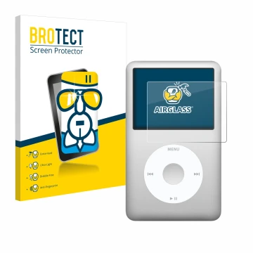 Face avant d’un emballage produit avec le logo de la marque BROTECT. À côté, l’appareil Apple iPod classic 160 GB (7ème Gen.) 