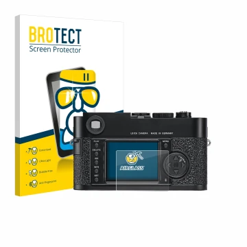 Face avant d’un emballage produit avec le logo de la marque BROTECT. À côté, l’appareil Leica M9 est représenté avec la protec