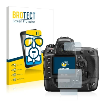 Face avant d’un emballage produit avec le logo de la marque BROTECT. À côté, l’appareil Nikon D3S est représenté avec la prote