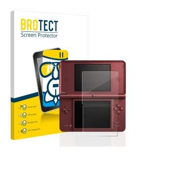 Face avant d’un emballage produit avec le logo de la marque BROTECT. À côté, l’appareil Nintendo DSi XL est représenté avec la