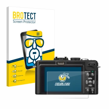 Face avant d’un emballage produit avec le logo de la marque BROTECT. À côté, l’appareil Panasonic Lumix DMC-LX5 est représenté