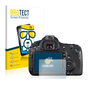 Face avant d’un emballage produit avec le logo de la marque BROTECT. À côté, l’appareil Canon EOS 60D est représenté avec la p