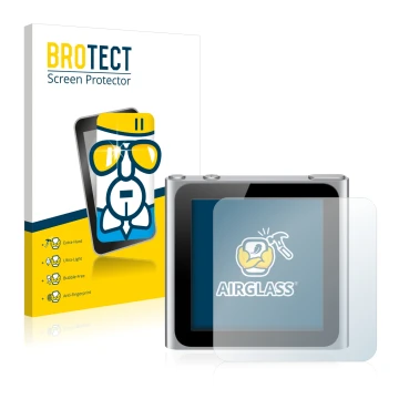 Face avant d’un emballage produit avec le logo de la marque BROTECT. À côté, l’appareil Apple iPod nano 2010 (6. Gen.) est rep