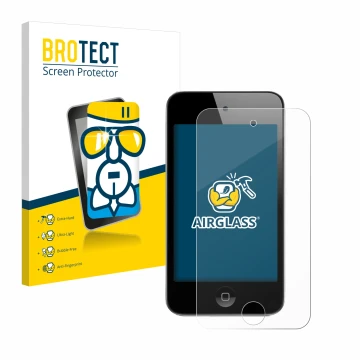 Face avant d’un emballage produit avec le logo de la marque BROTECT. À côté, l’appareil Apple iPod Touch (4ème Gen.) est repré