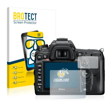 Face avant d’un emballage produit avec le logo de la marque BROTECT. À côté, l’appareil Nikon D7000 est représenté avec la pro