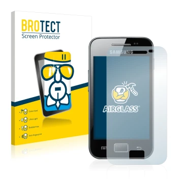 Face avant d’un emballage produit avec le logo de la marque BROTECT. À côté, l’appareil Samsung Galaxy Ace S5830 est représent