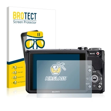 Face avant d’un emballage produit avec le logo de la marque BROTECT. À côté, l’appareil Sony Cyber-Shot DSC-HX9V est représent