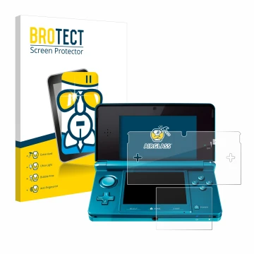 Face avant d’un emballage produit avec le logo de la marque BROTECT. À côté, l’appareil Nintendo 3DS est représenté avec la pr