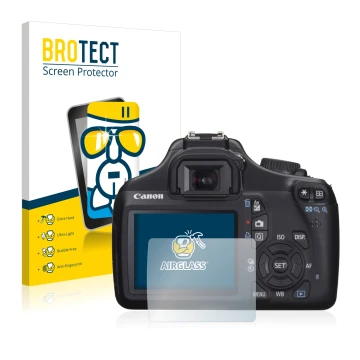 Face avant d’un emballage produit avec le logo de la marque BROTECT. À côté, l’appareil Canon EOS 1100D est représenté avec la
