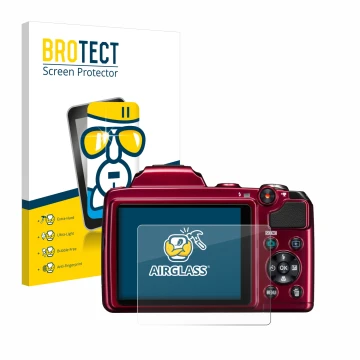 Face avant d’un emballage produit avec le logo de la marque BROTECT. À côté, l’appareil Nikon Coolpix L120 est représenté avec