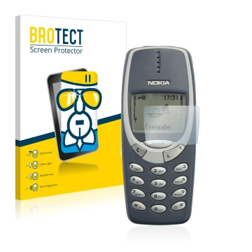 Face avant d’un emballage produit avec le logo de la marque BROTECT. À côté, l’appareil Nokia 3310 2011 est représenté avec la