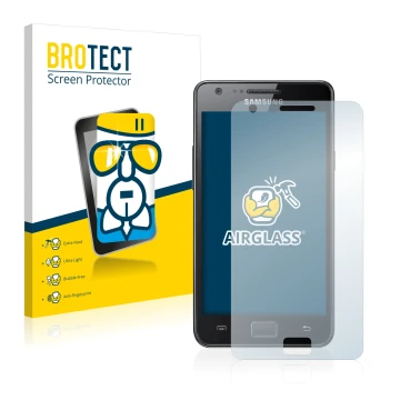 Face avant d’un emballage produit avec le logo de la marque BROTECT. À côté, l’appareil Samsung Galaxy S2 est représenté avec 