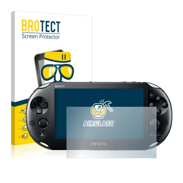 Face avant d’un emballage produit avec le logo de la marque BROTECT. À côté, l’appareil Sony Playstation Vita est représenté a
