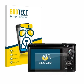 Face avant d’un emballage produit avec le logo de la marque BROTECT. À côté, l’appareil Nikon 1 J1 est représenté avec la prot