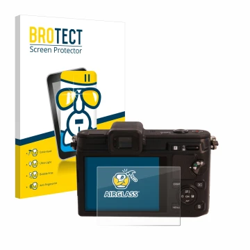 Face avant d’un emballage produit avec le logo de la marque BROTECT. À côté, l’appareil Nikon 1 V1 est représenté avec la prot