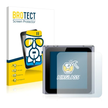 Face avant d’un emballage produit avec le logo de la marque BROTECT. À côté, l’appareil Apple iPod nano 2011 (6ème Gen.) est r