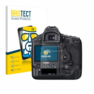 Face avant d’un emballage produit avec le logo de la marque BROTECT. À côté, l’appareil Canon EOS 1D X est représenté avec la 