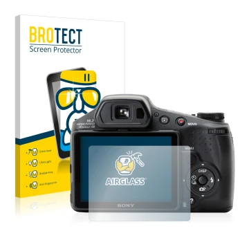 Face avant d’un emballage produit avec le logo de la marque BROTECT. À côté, l’appareil Sony Cyber-Shot DSC-HX200V est représe