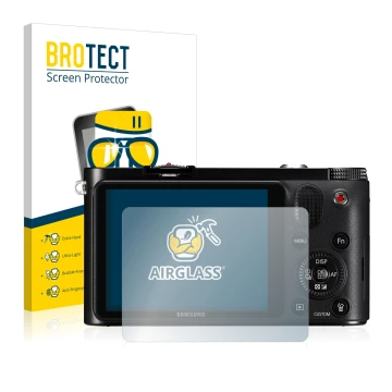 Face avant d’un emballage produit avec le logo de la marque BROTECT. À côté, l’appareil Samsung NX1000 est représenté avec la 