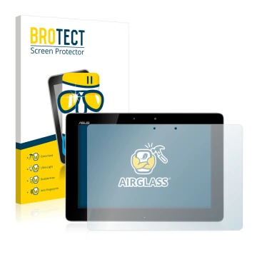 Face avant d’un emballage produit avec le logo de la marque BROTECT. À côté, l’appareil ASUS Transformer Pad TF300T est représ