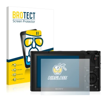 Face avant d’un emballage produit avec le logo de la marque BROTECT. À côté, l’appareil Sony Cyber-Shot DSC-RX100 est représen