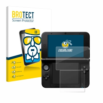 Face avant d’un emballage produit avec le logo de la marque BROTECT. À côté, l’appareil Nintendo 3DS XL SPM7800 est représenté