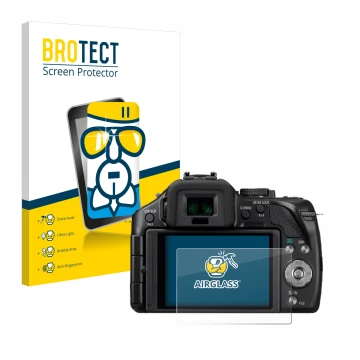 Face avant d’un emballage produit avec le logo de la marque BROTECT. À côté, l’appareil Panasonic Lumix DMC-G5 est représenté 