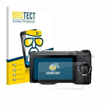 Face avant d’un emballage produit avec le logo de la marque BROTECT. À côté, l’appareil Sony Alpha NEX-5R est représenté avec 