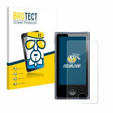 Face avant d’un emballage produit avec le logo de la marque BROTECT. À côté, l’appareil Apple iPod nano 2012 (7ème Gen.) est r