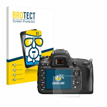 Face avant d’un emballage produit avec le logo de la marque BROTECT. À côté, l’appareil Nikon D600 est représenté avec la prot