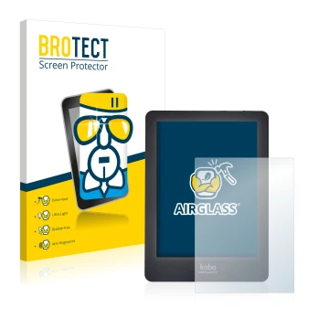 Face avant d’un emballage produit avec le logo de la marque BROTECT. À côté, l’appareil Kobo Glo est représenté avec la protec