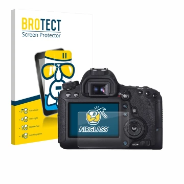 Face avant d’un emballage produit avec le logo de la marque BROTECT. À côté, l’appareil Canon EOS 6D est représenté avec la pr