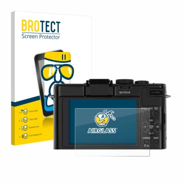 Face avant d’un emballage produit avec le logo de la marque BROTECT. À côté, l’appareil Leica D-Lux 6 est représenté avec la p