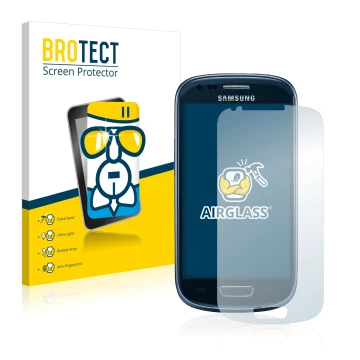 Face avant d’un emballage produit avec le logo de la marque BROTECT. À côté, l’appareil Samsung Galaxy S3 Mini I8190 est repré