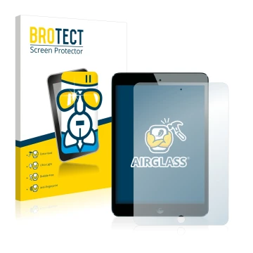 Face avant d’un emballage produit avec le logo de la marque BROTECT. À côté, l’appareil Apple iPad Mini 1 2012 est représenté 