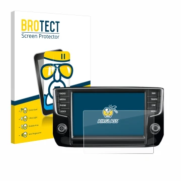 Face avant d’un emballage produit avec le logo de la marque BROTECT. À côté, l’appareil Volkswagen Passat 2015 Discover Pro 8