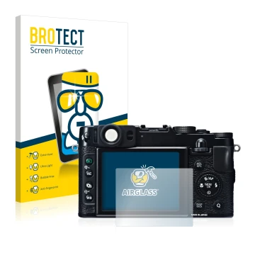 Face avant d’un emballage produit avec le logo de la marque BROTECT. À côté, l’appareil Fujifilm X20 est représenté avec la pr