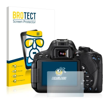 Face avant d’un emballage produit avec le logo de la marque BROTECT. À côté, l’appareil Canon EOS 700D est représenté avec la 