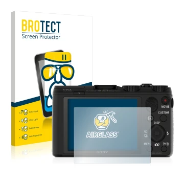 Face avant d’un emballage produit avec le logo de la marque BROTECT. À côté, l’appareil Sony Cyber-Shot DSC-HX50V est représen