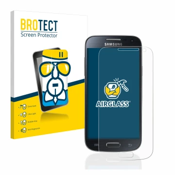 Face avant d’un emballage produit avec le logo de la marque BROTECT. À côté, l’appareil Samsung Galaxy S4 Mini est représenté 